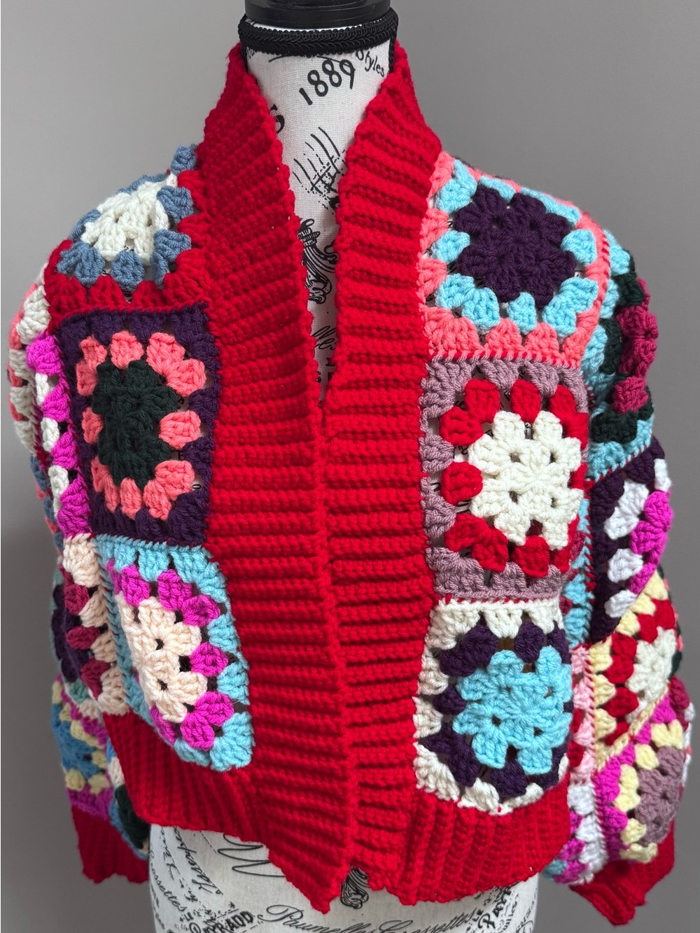 Handmade Multicolor Crochet Granny Square Cardigan - Red Trim Handmade with Love